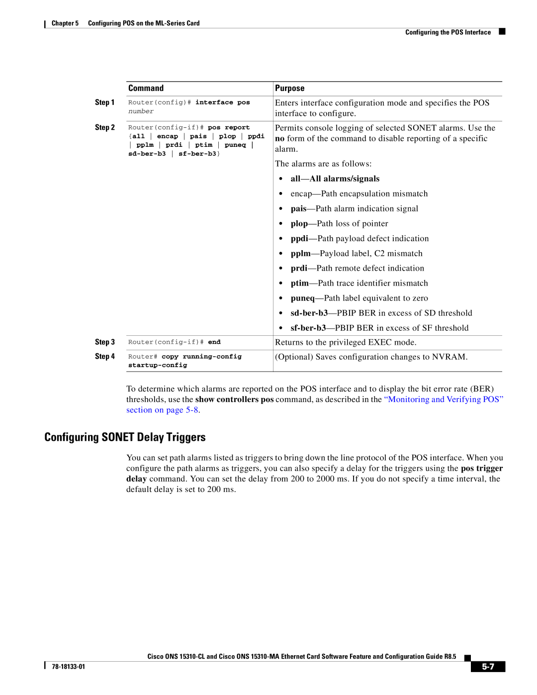 Cisco Systems 15310-CL, 15310-MA manual Configuring Sonet Delay Triggers, All -All alarms/signals 