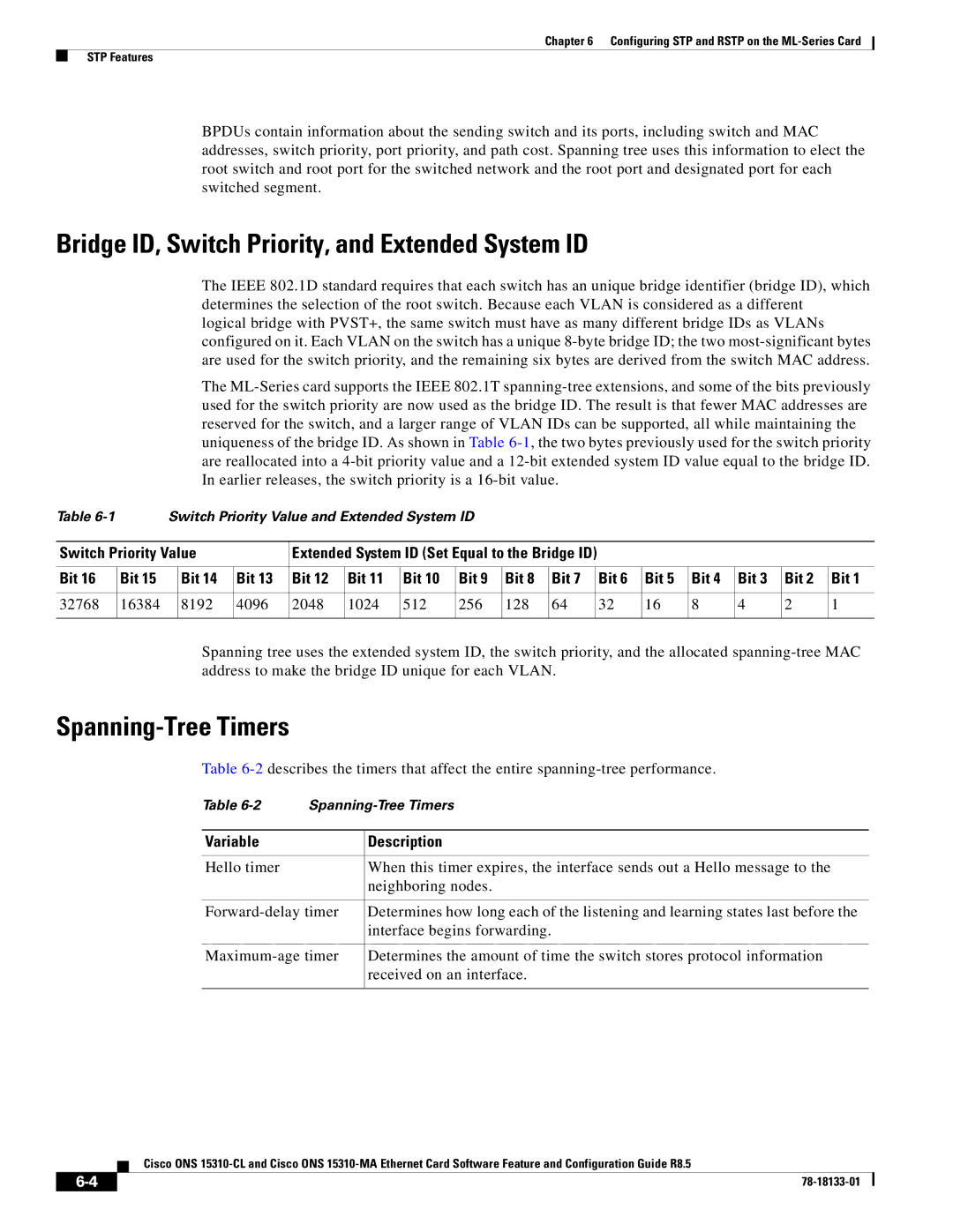 Cisco Systems 15310-MA Bridge ID, Switch Priority, and Extended System ID, Spanning-Tree Timers, Switch Priority Value 