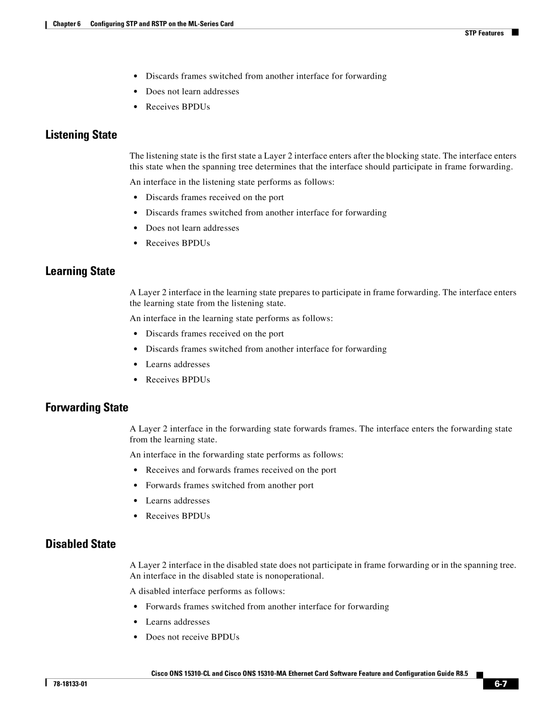 Cisco Systems 15310-CL, 15310-MA manual Listening State, Learning State, Forwarding State, Disabled State 