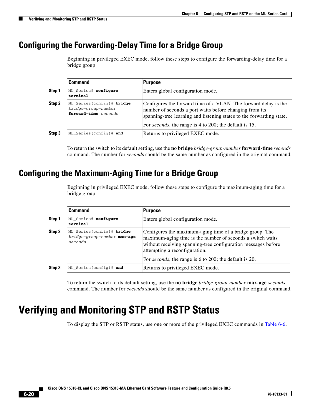 Cisco Systems 15310-MA Verifying and Monitoring STP and Rstp Status, Configuring the Maximum-Aging Time for a Bridge Group 