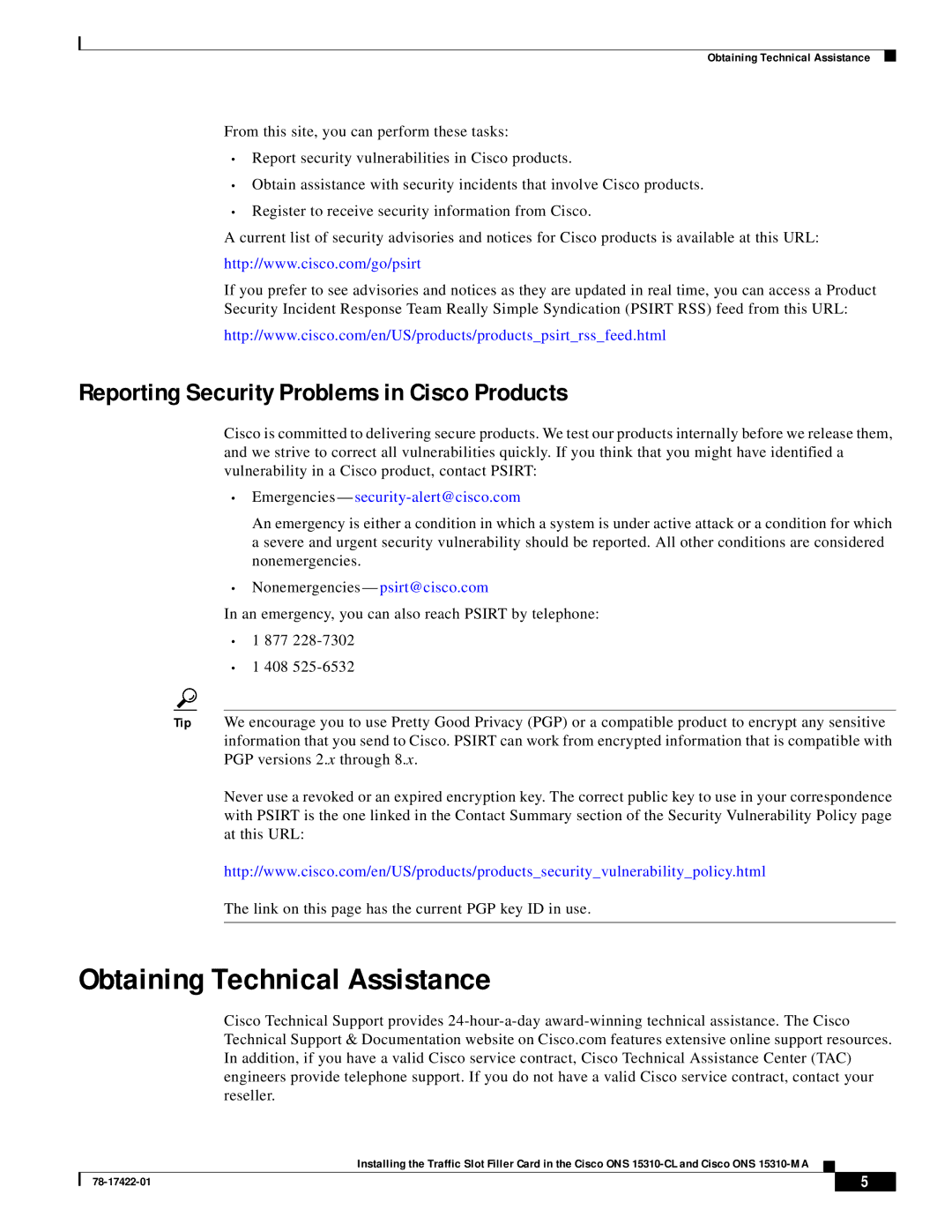 Cisco Systems 15310-CL, 15310-MA Obtaining Technical Assistance, Reporting Security Problems in Cisco Products 