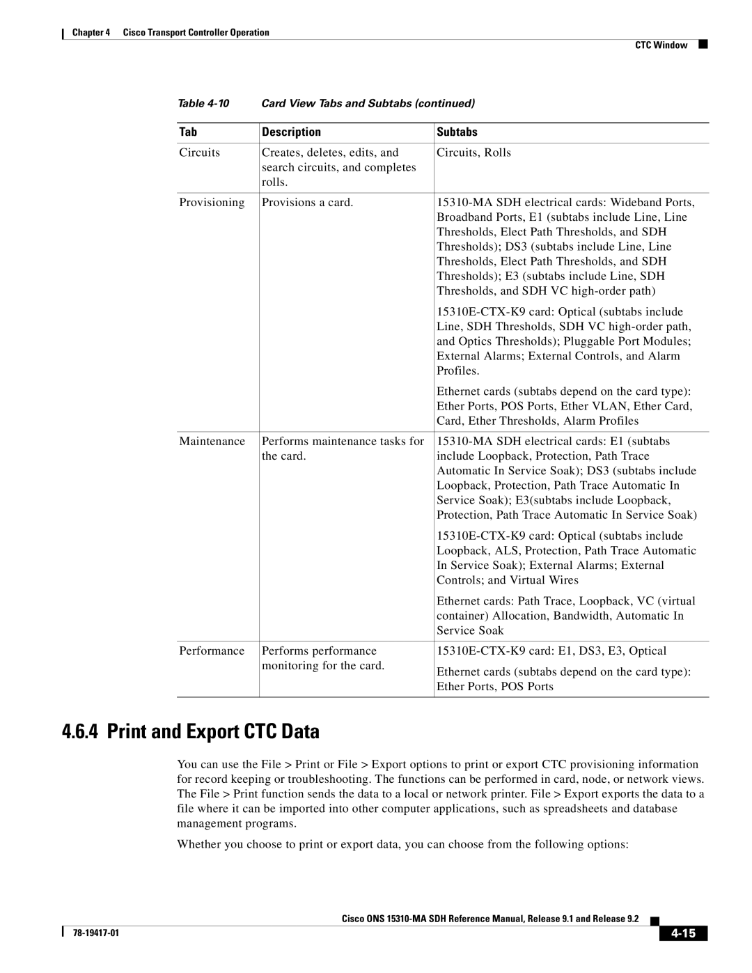 Cisco Systems 15310-MA manual Print and Export CTC Data 