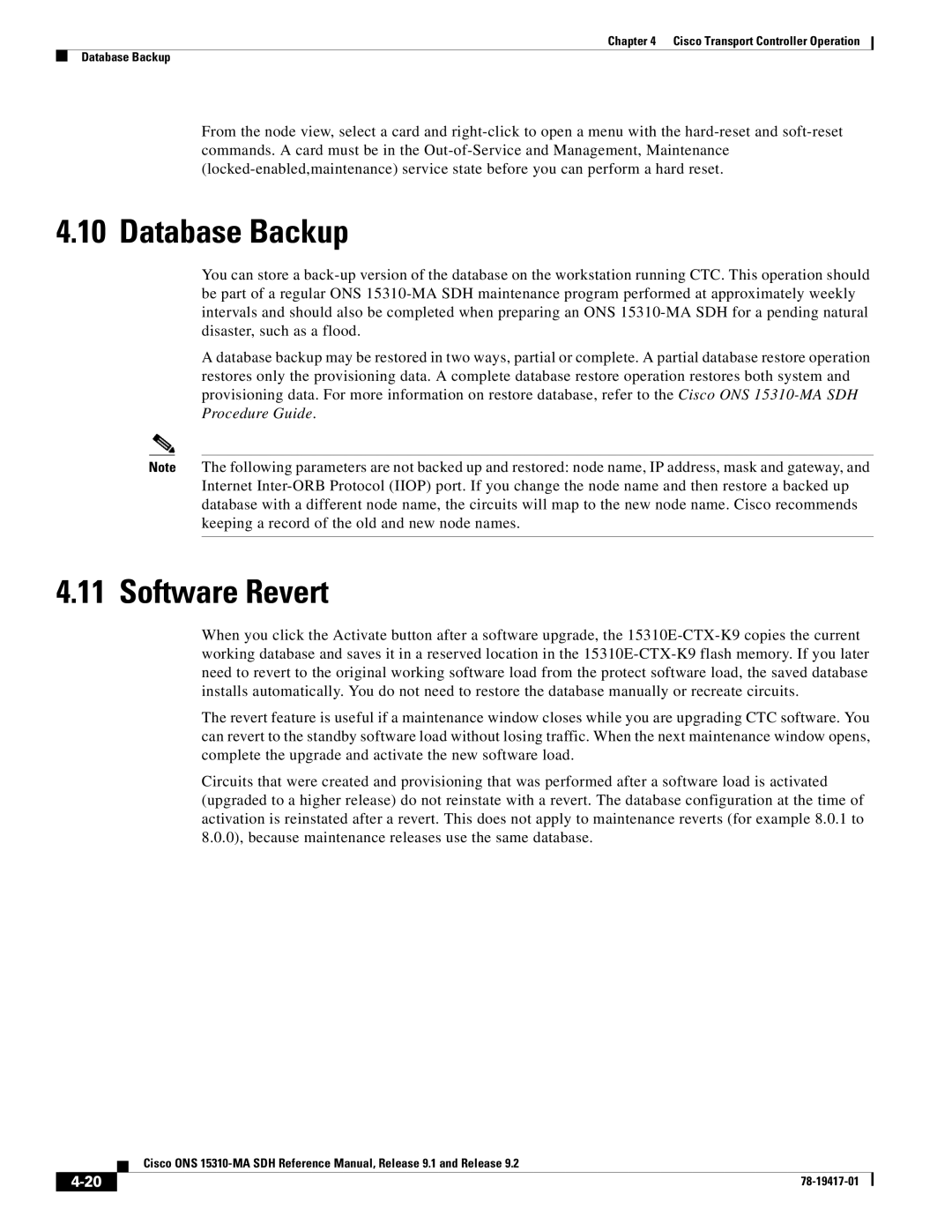 Cisco Systems 15310-MA manual Database Backup, Software Revert 
