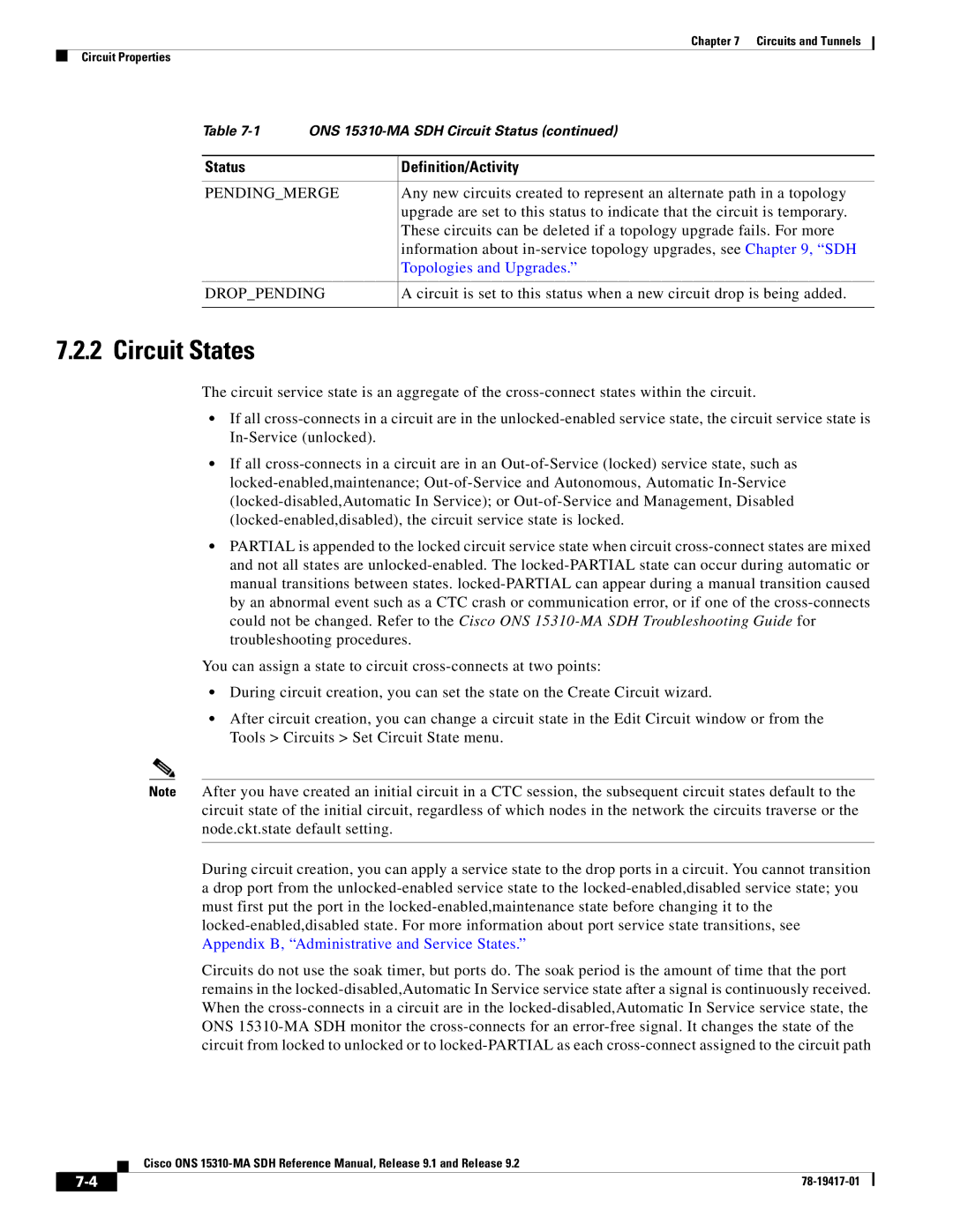 Cisco Systems 15310-MA manual Circuit States, Pendingmerge, Information about in-service topology upgrades, see , SDH 