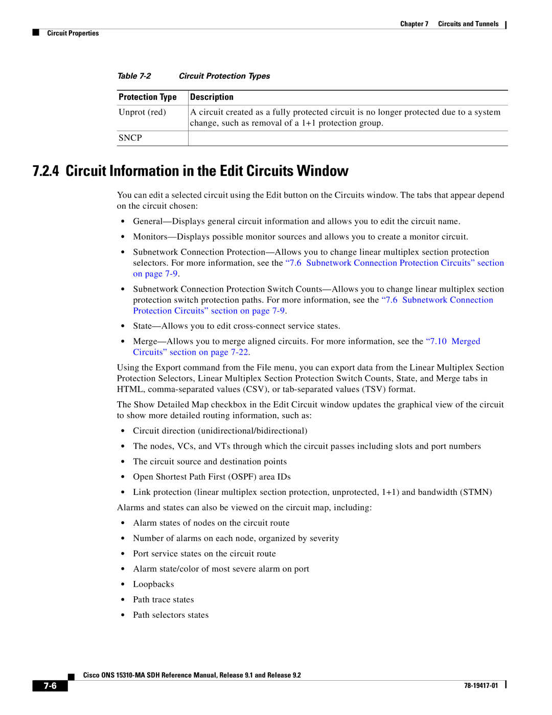 Cisco Systems 15310-MA manual Circuit Information in the Edit Circuits Window, Description 