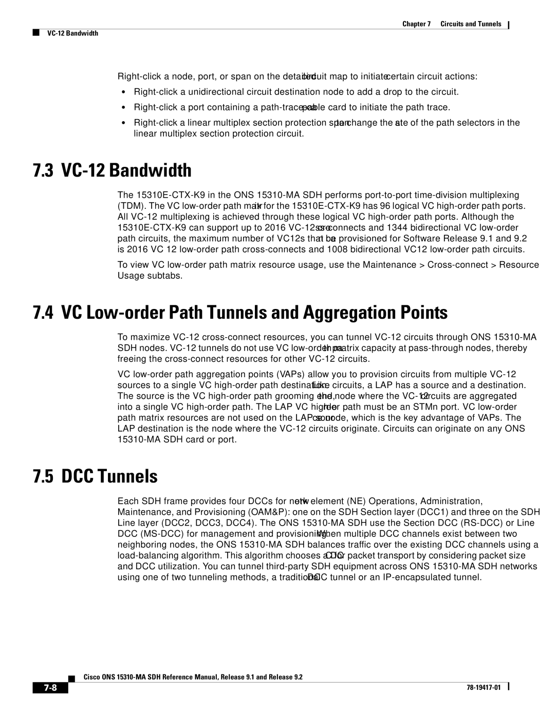 Cisco Systems 15310-MA manual VC-12 Bandwidth, VC Low-order Path Tunnels and Aggregation Points, DCC Tunnels 