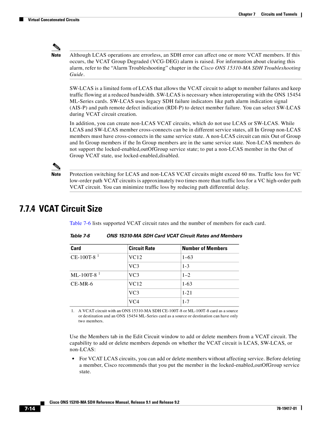 Cisco Systems 15310-MA manual Vcat Circuit Size, Card Circuit Rate Number of Members, VC3 VC4 