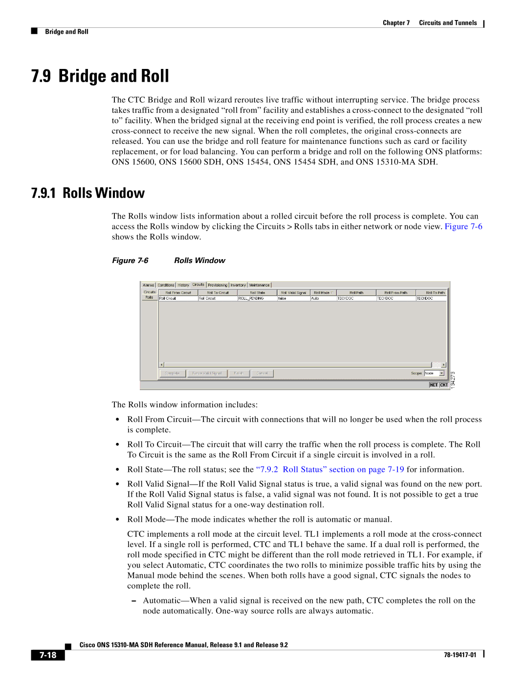 Cisco Systems 15310-MA manual Bridge and Roll, Rolls Window 