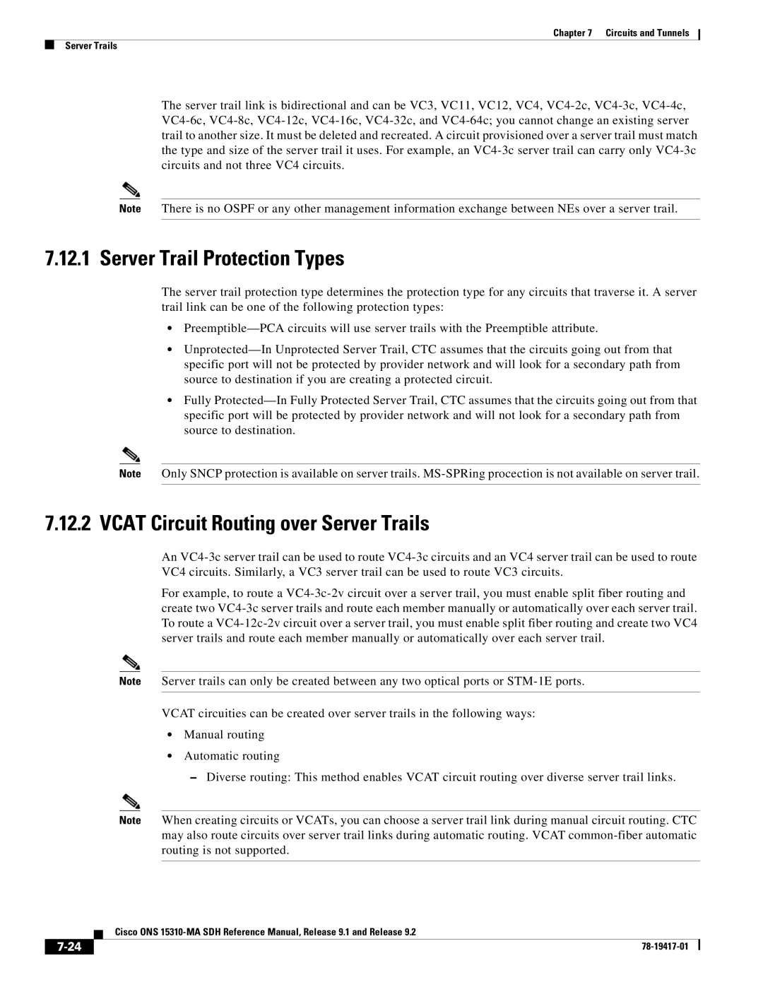 Cisco Systems 15310-MA manual Server Trail Protection Types, Vcat Circuit Routing over Server Trails 