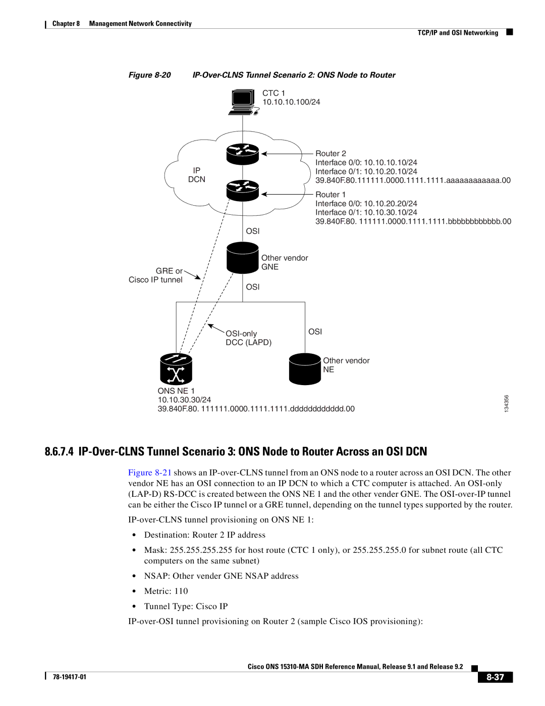 Cisco Systems 15310-MA manual IP-Over-CLNS Tunnel Scenario 2 ONS Node to Router 