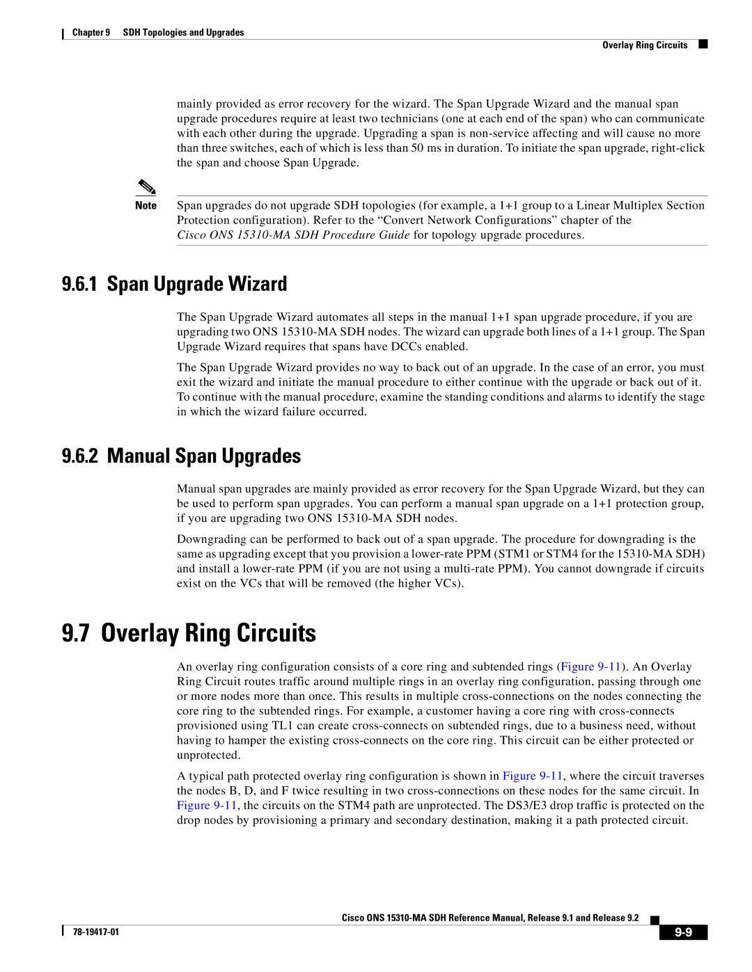 Cisco Systems 15310-MA manual Overlay Ring Circuits, Span Upgrade Wizard, Manual Span Upgrades 