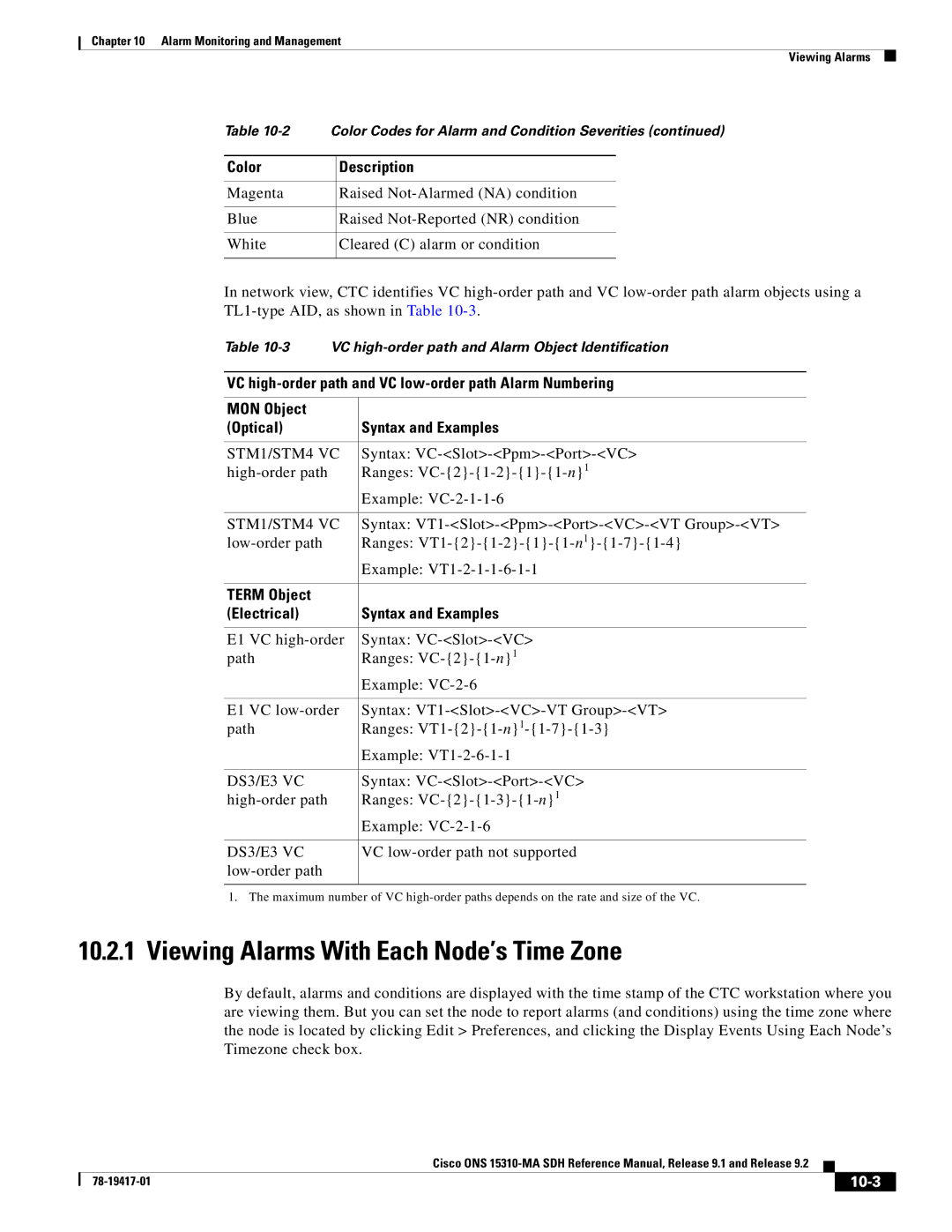 Cisco Systems 15310-MA Viewing Alarms With Each Node’s Time Zone, STM1/STM4 VC, Term Object Electrical Syntax and Examples 