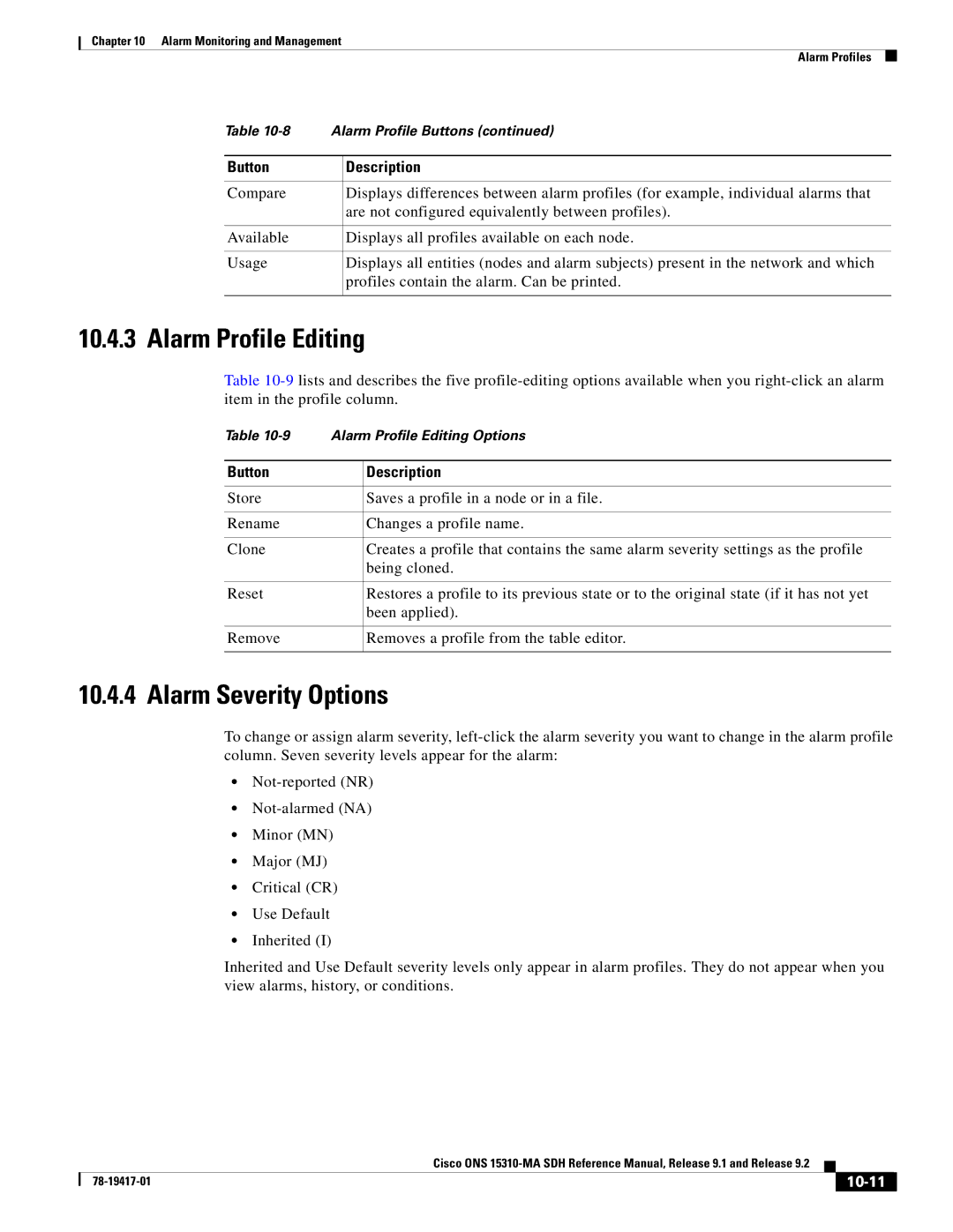 Cisco Systems 15310-MA manual Alarm Profile Editing, Alarm Severity Options, 10-11 