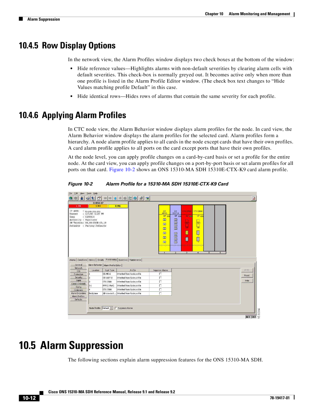 Cisco Systems 15310-MA manual Alarm Suppression, Row Display Options, Applying Alarm Profiles, 10-12 