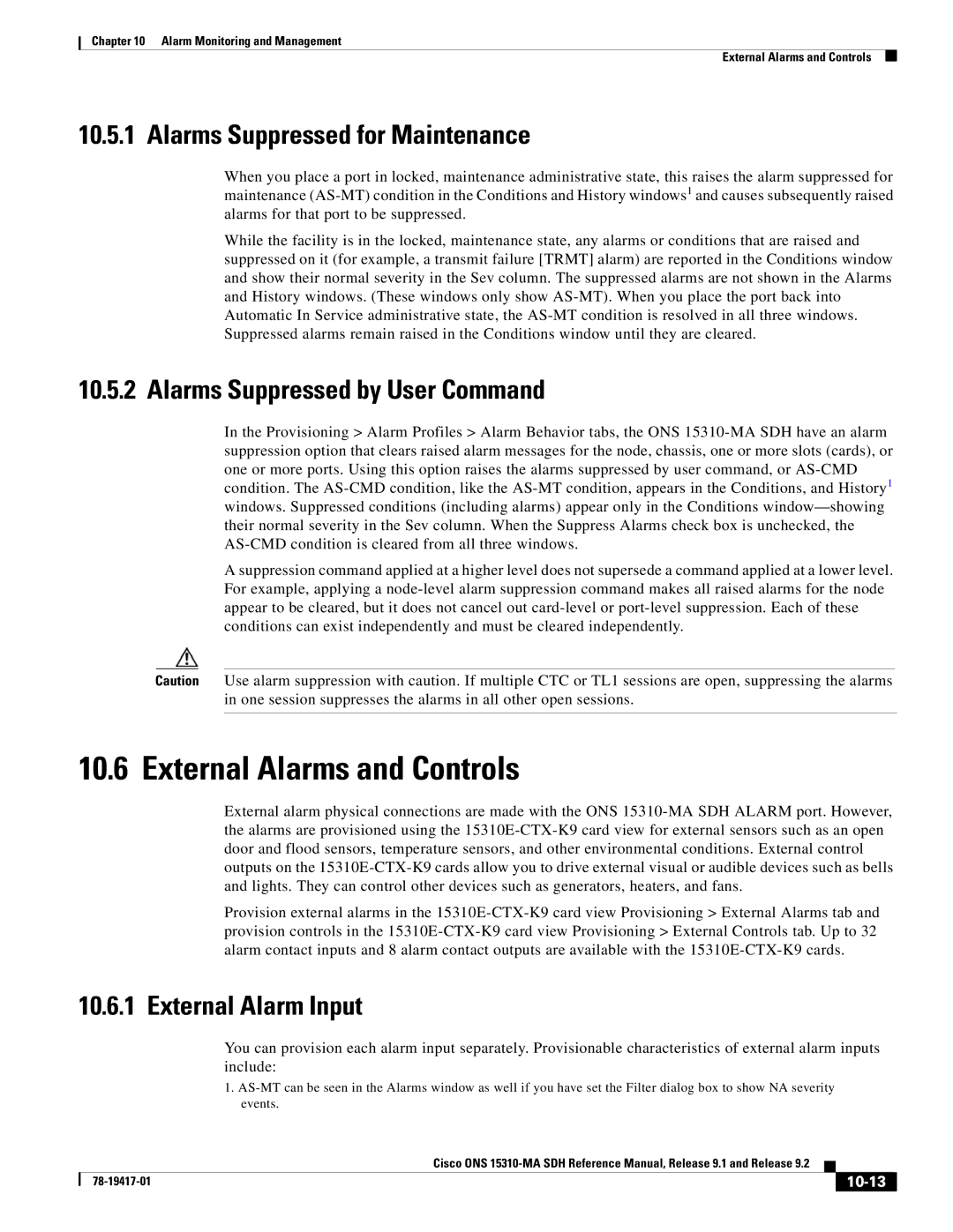 Cisco Systems 15310-MA External Alarms and Controls, Alarms Suppressed for Maintenance, Alarms Suppressed by User Command 