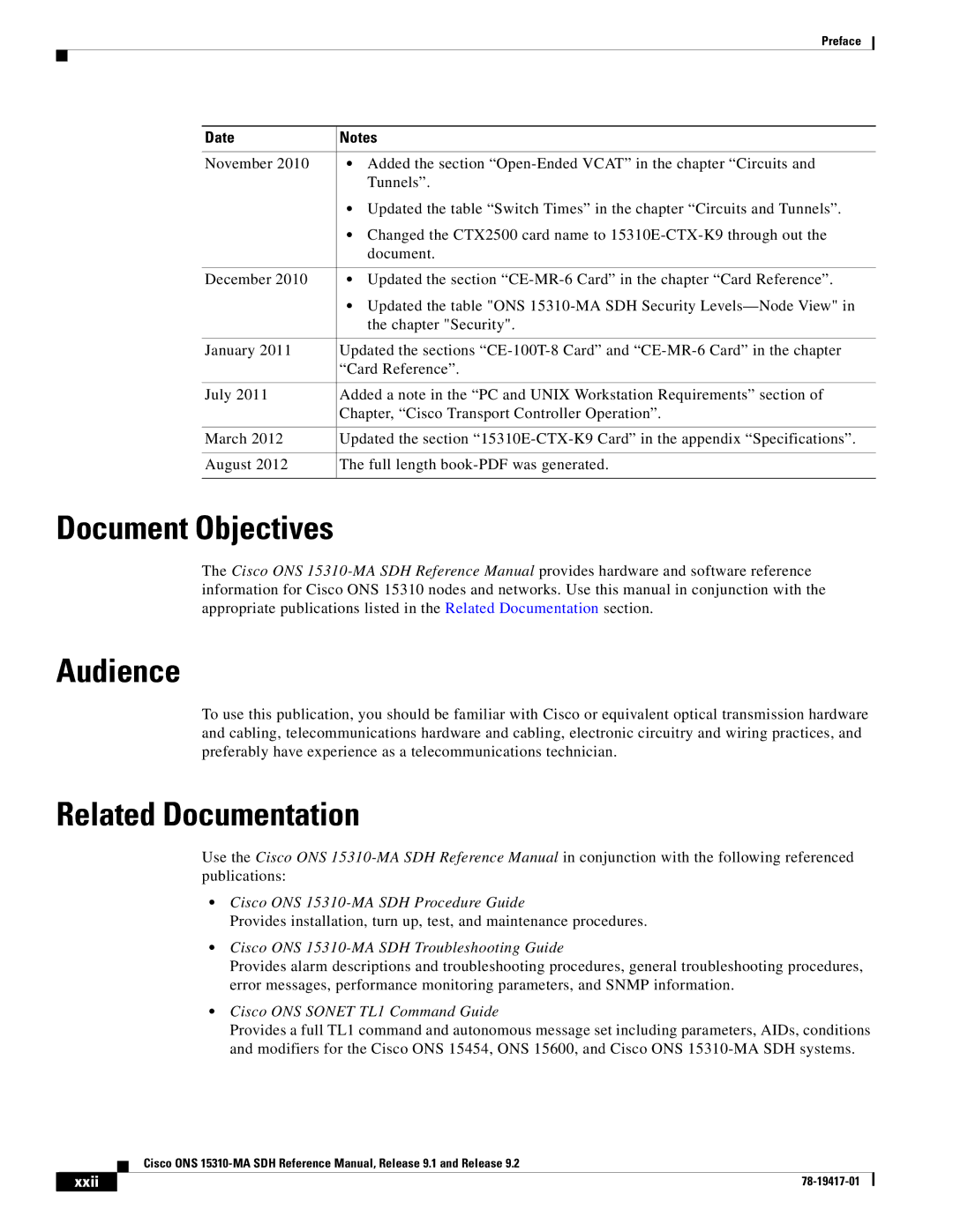 Cisco Systems 15310-MA manual Document Objectives, Audience, Related Documentation, Xxii 