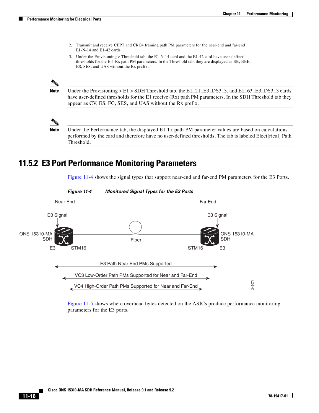 Cisco Systems 15310-MA manual 11.5.2 E3 Port Performance Monitoring Parameters, 11-16 