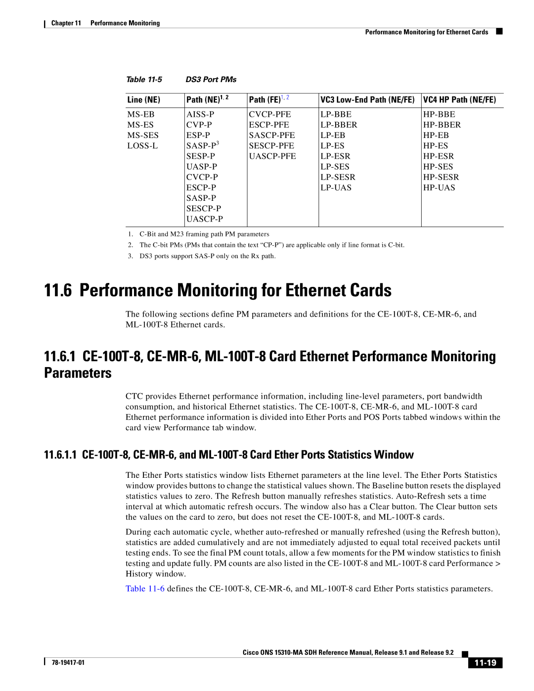 Cisco Systems 15310-MA manual Performance Monitoring for Ethernet Cards, Line NE Path NE 1 Path FE 1, 11-19 