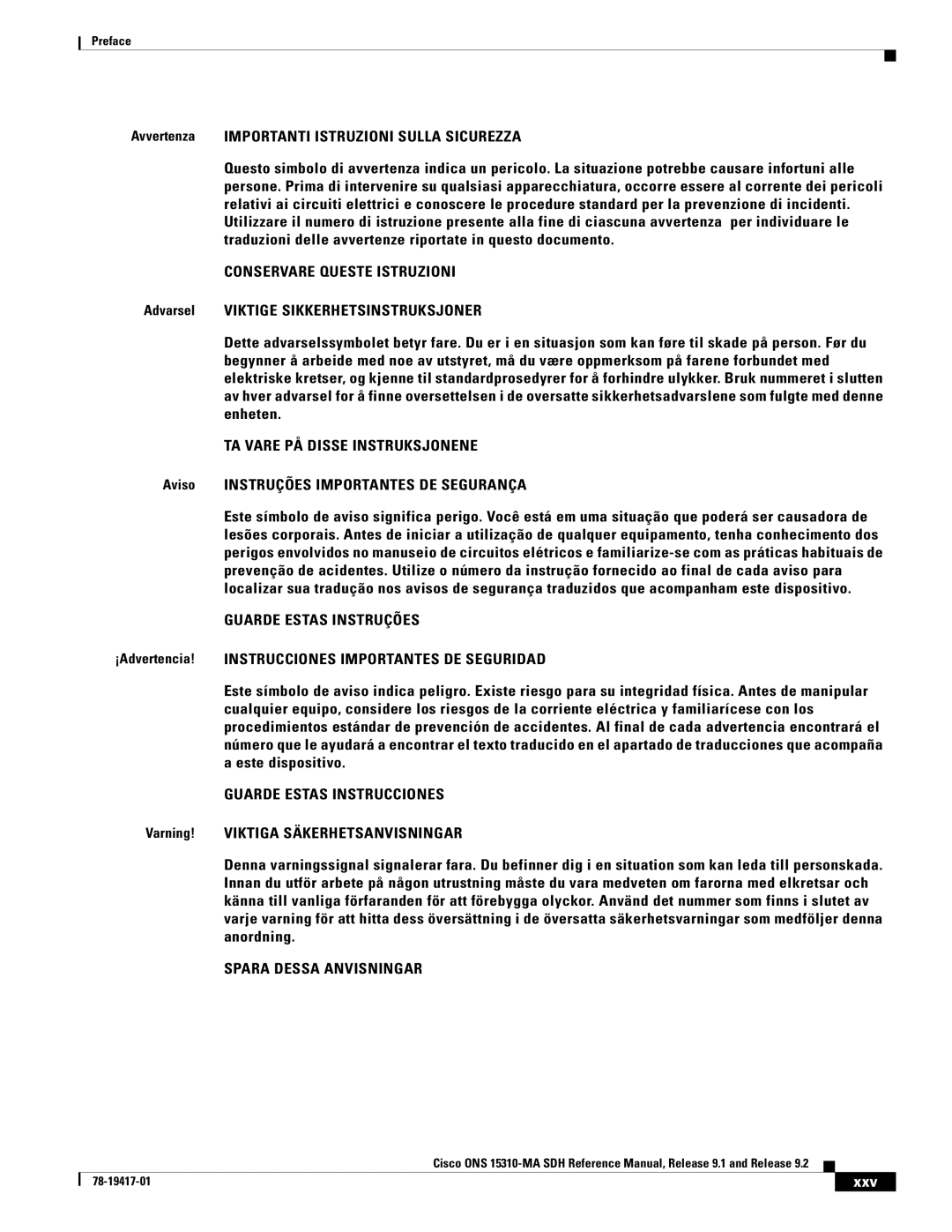 Cisco Systems 15310-MA Avvertenza Importanti Istruzioni Sulla Sicurezza, Aviso Instruções Importantes DE Segurança, Xxv 