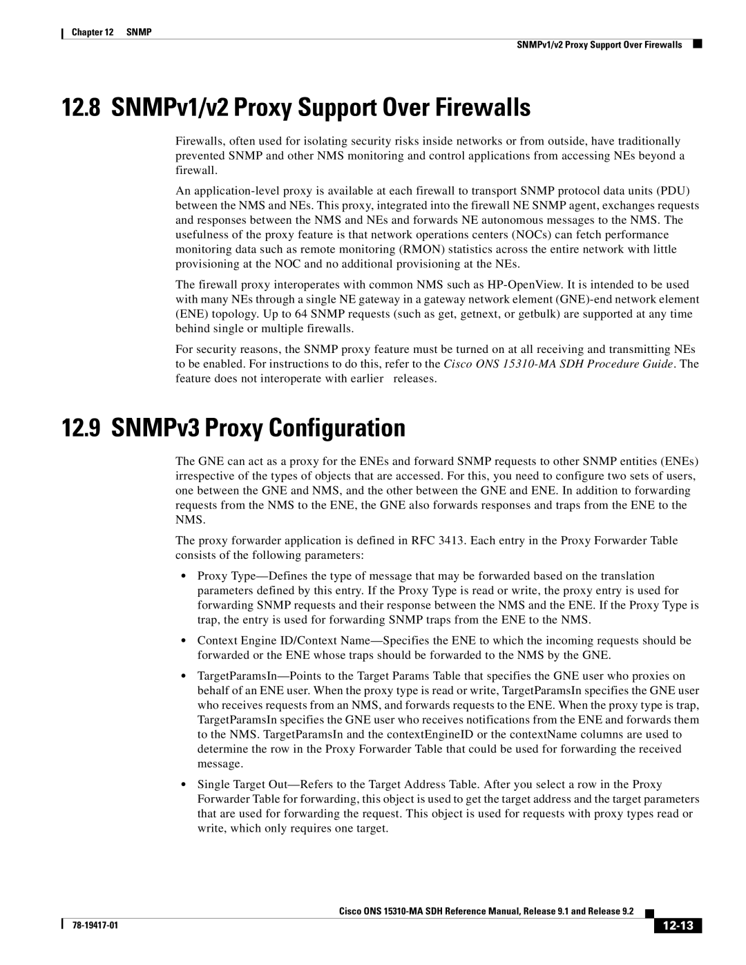 Cisco Systems 15310-MA manual SNMPv1/v2 Proxy Support Over Firewalls, SNMPv3 Proxy Configuration, 12-13 