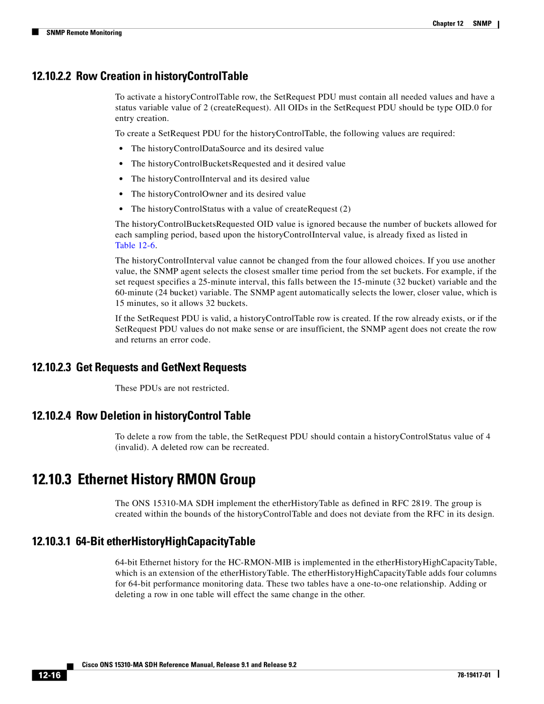 Cisco Systems 15310-MA manual Ethernet History Rmon Group, Row Creation in historyControlTable, 12-16 