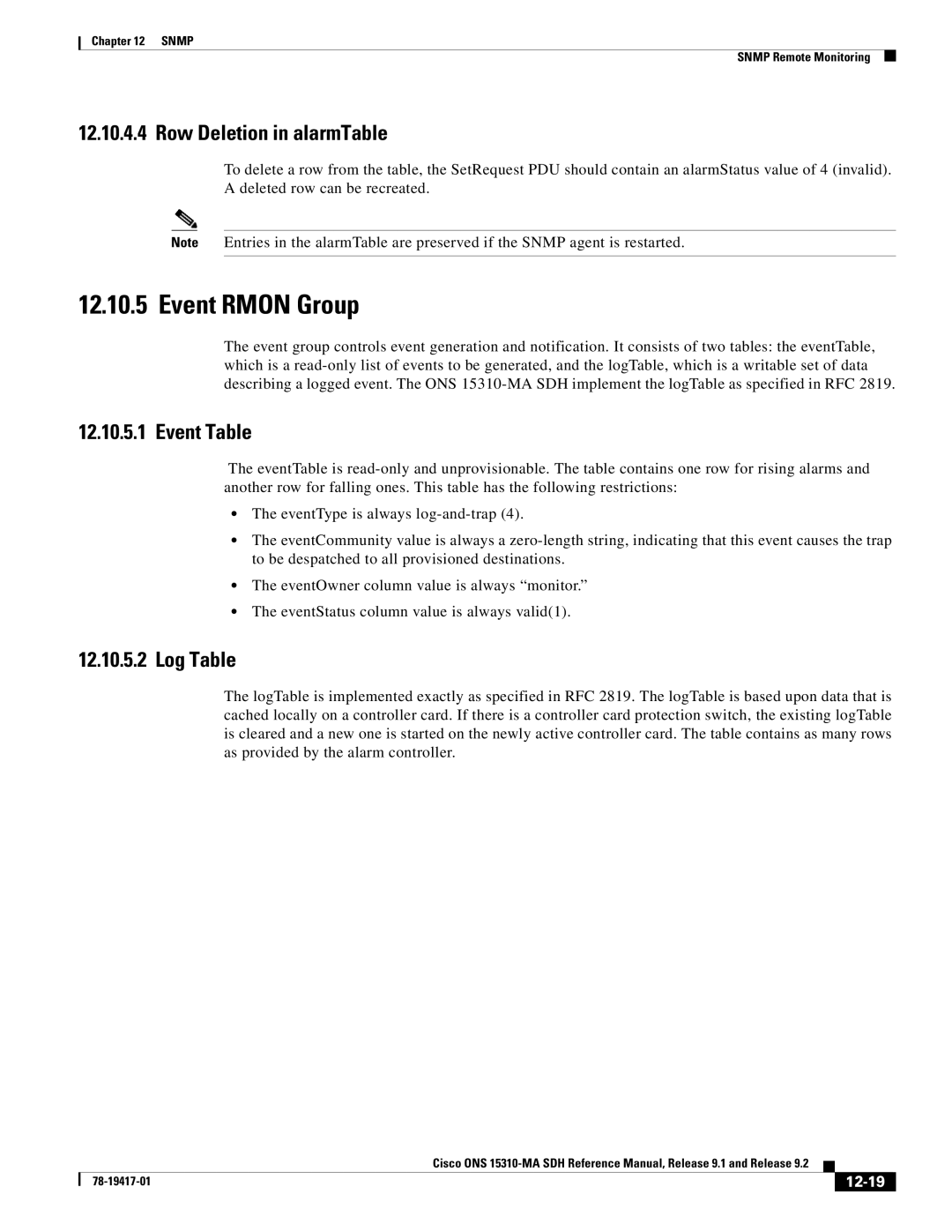 Cisco Systems 15310-MA manual Event Rmon Group, Row Deletion in alarmTable, Event Table, Log Table, 12-19 