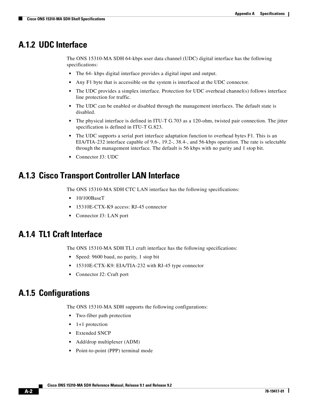 Cisco Systems 15310-MA UDC Interface, Cisco Transport Controller LAN Interface, 4 TL1 Craft Interface, Configurations 