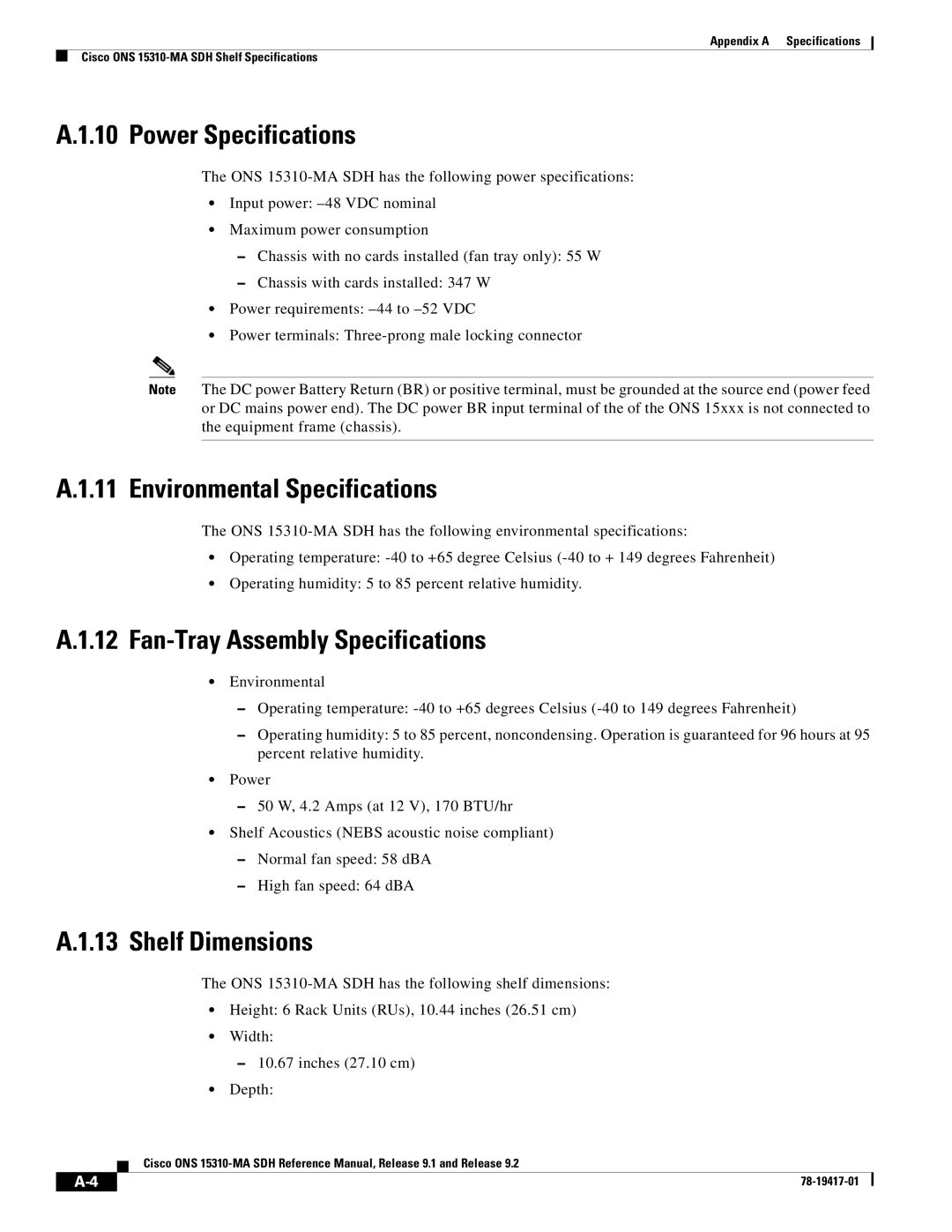 Cisco Systems 15310-MA manual Power Specifications, Environmental Specifications, Fan-Tray Assembly Specifications 