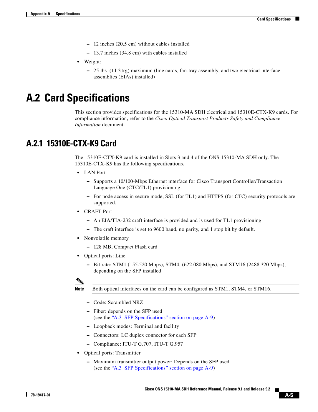 Cisco Systems 15310-MA manual Card Specifications, 1 15310E-CTX-K9 Card 