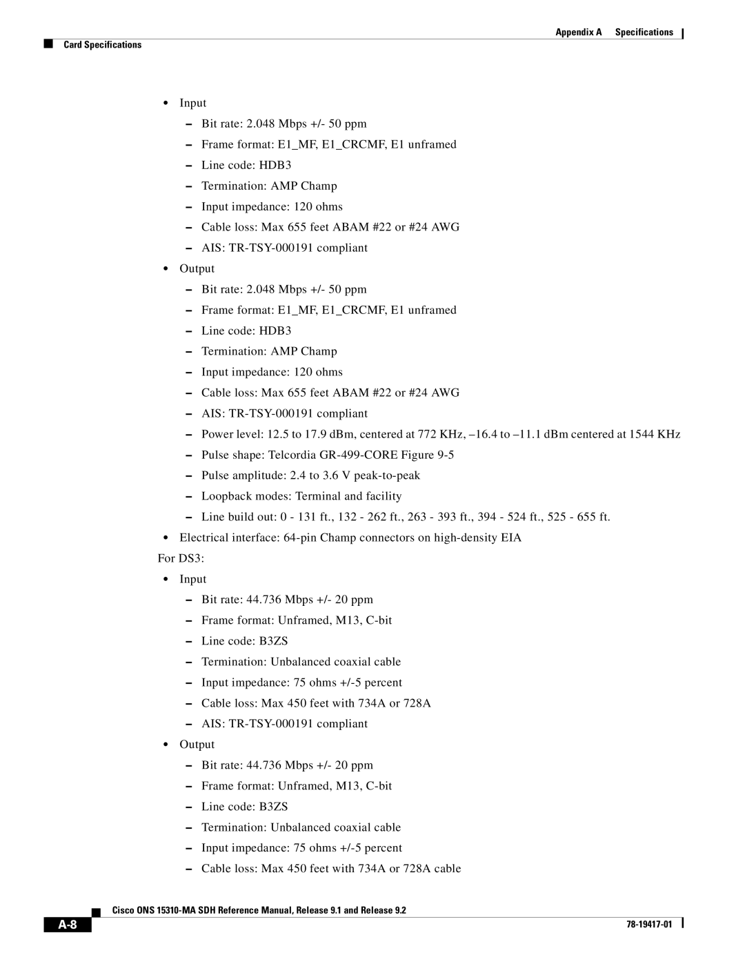 Cisco Systems 15310-MA manual Appendix a Specifications Card Specifications 