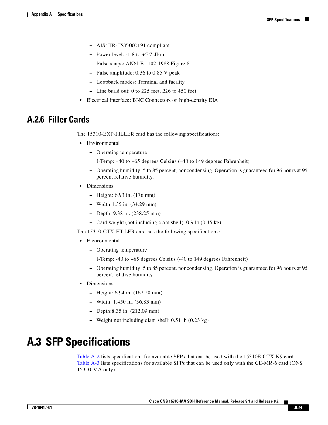 Cisco Systems 15310-MA manual SFP Specifications, Filler Cards 