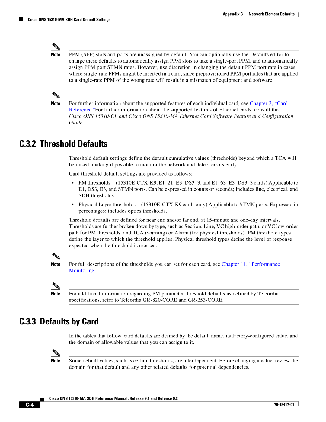 Cisco Systems 15310-MA manual Threshold Defaults, Defaults by Card 