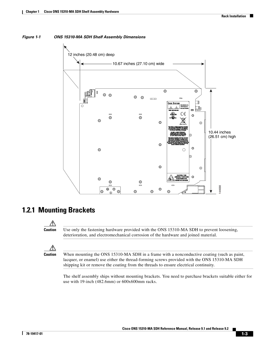 Cisco Systems manual Mounting Brackets, ONS 15310-MA SDH Shelf Assembly Dimensions 