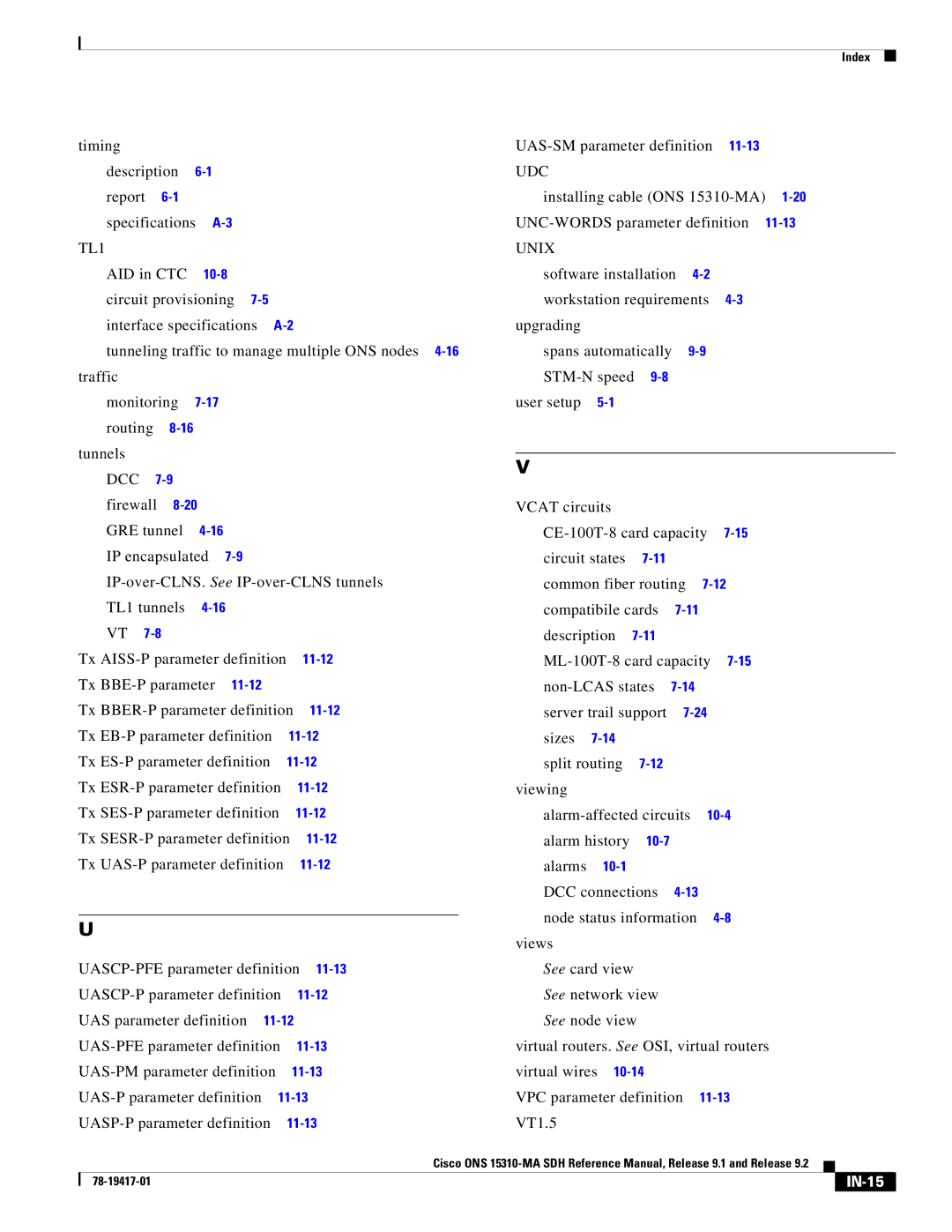 Cisco Systems 15310-MA manual Udc, TL1 Unix, IN-15 