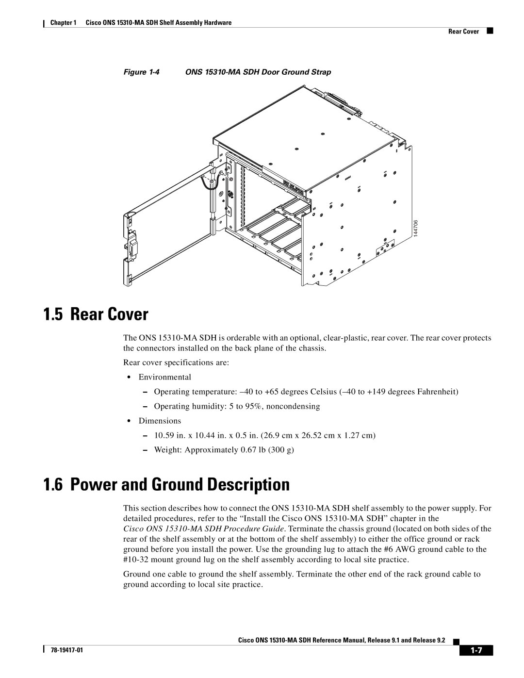 Cisco Systems 15310-MA manual Rear Cover, Power and Ground Description 