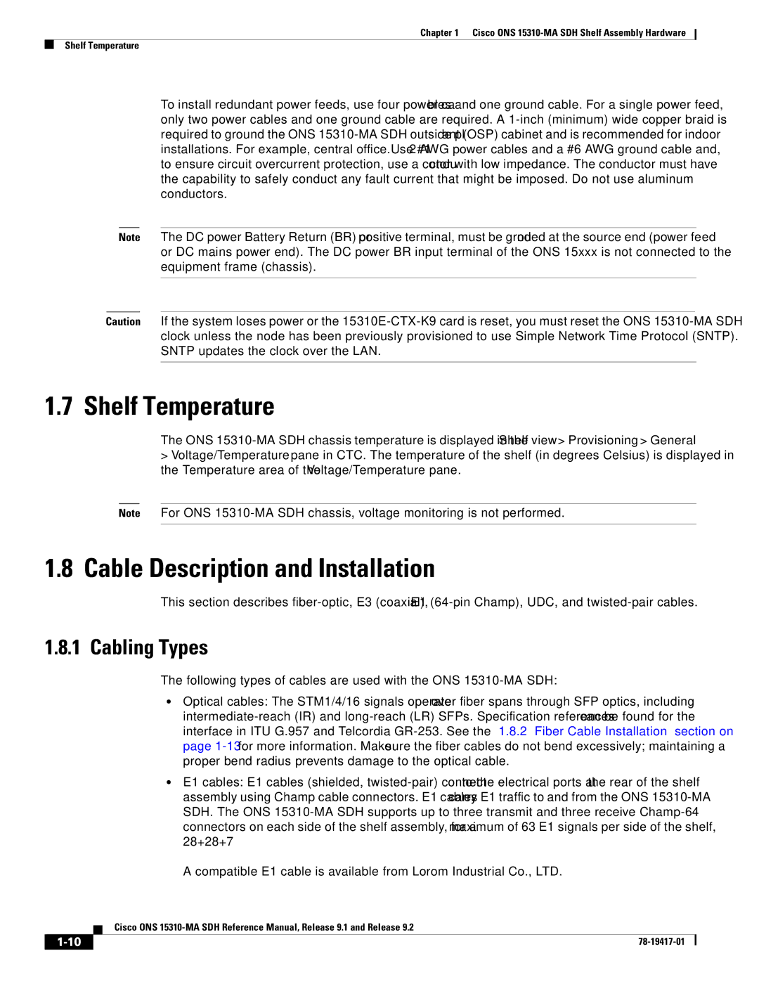 Cisco Systems 15310-MA manual Shelf Temperature, Cable Description and Installation, Cabling Types 