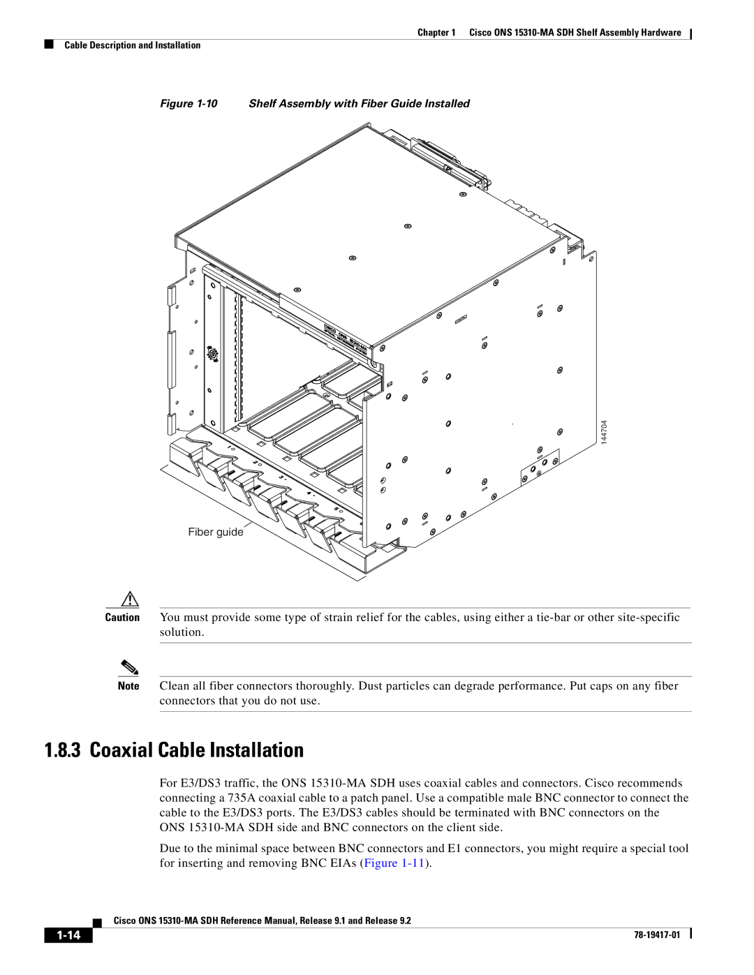 Cisco Systems 15310-MA manual Coaxial Cable Installation, Shelf Assembly with Fiber Guide Installed 