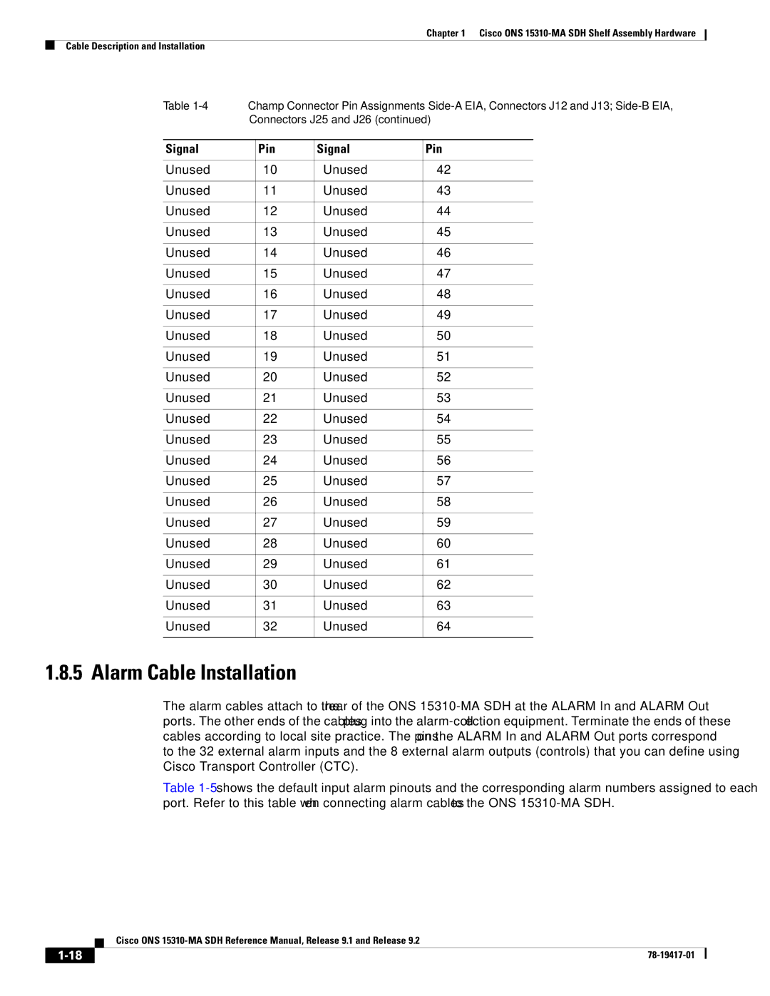 Cisco Systems 15310-MA manual Alarm Cable Installation 