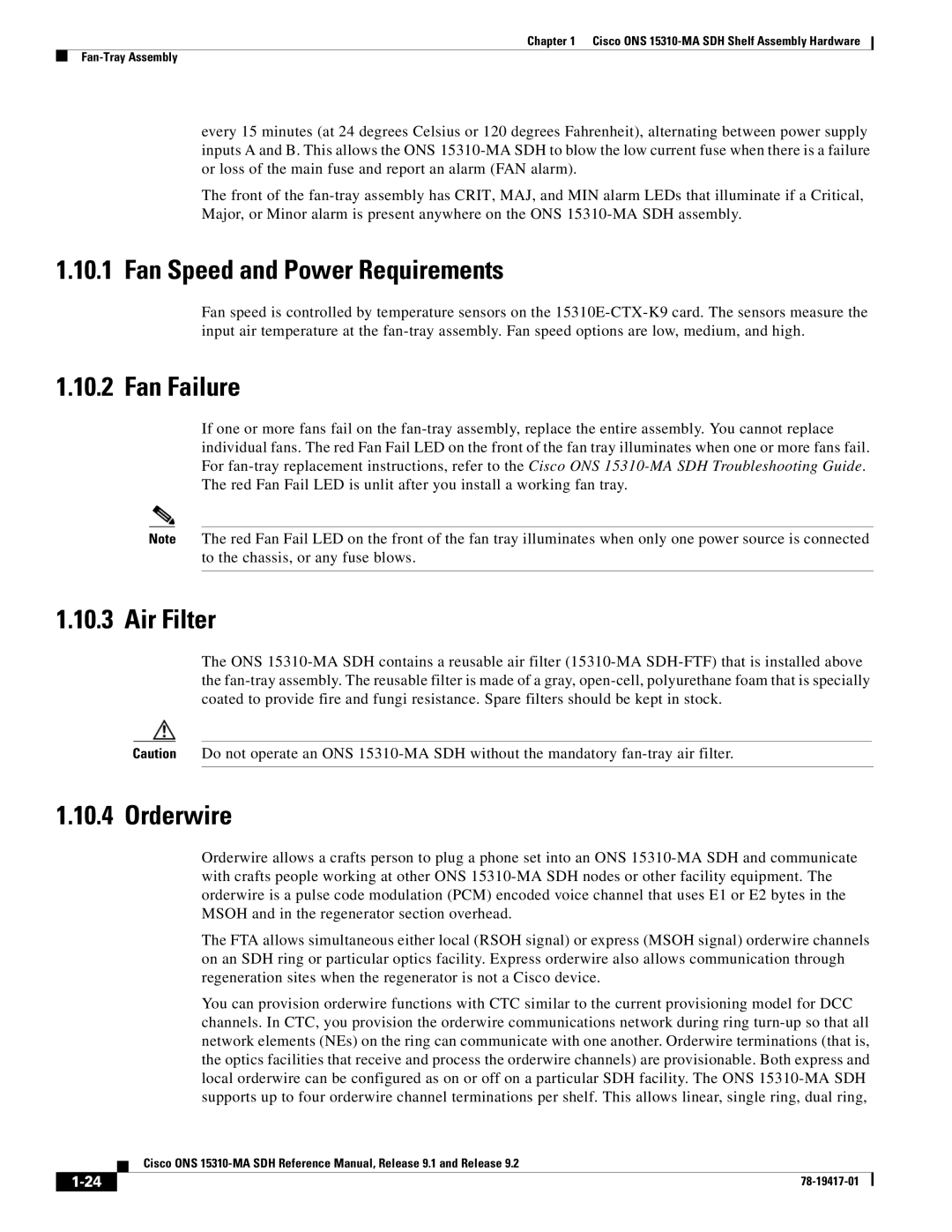 Cisco Systems 15310-MA manual Fan Speed and Power Requirements, Fan Failure, Air Filter, Orderwire 