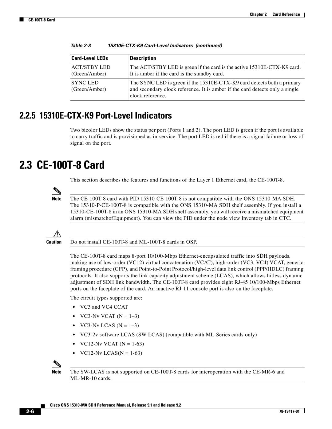 Cisco Systems 15310-MA manual CE-100T-8 Card, 5 15310E-CTX-K9 Port-Level Indicators, Act/Stby Led, Sync LED 