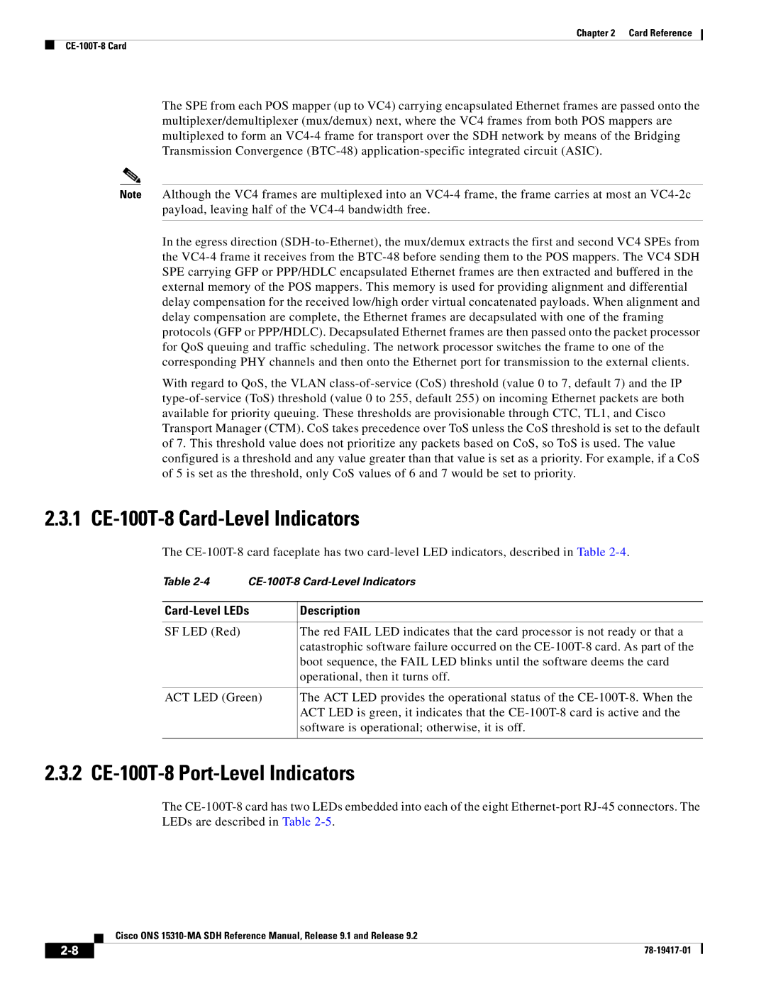Cisco Systems 15310-MA manual 1 CE-100T-8 Card-Level Indicators, 2 CE-100T-8 Port-Level Indicators 