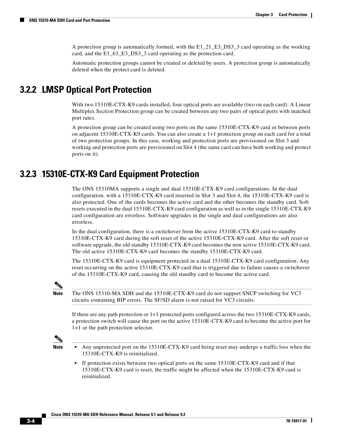 Cisco Systems 15310-MA manual Lmsp Optical Port Protection, 3 .15310E-CTX-K9 Card Equipment Protection 