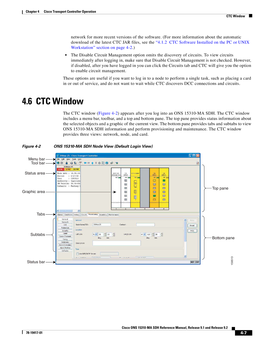 Cisco Systems manual CTC Window, ONS 15310-MA SDH Node View Default Login View 