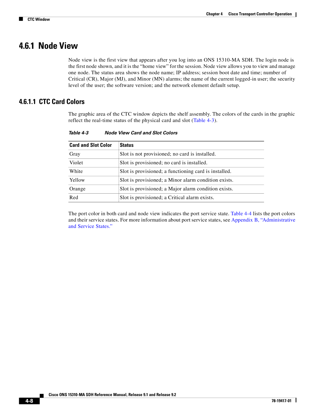 Cisco Systems 15310-MA manual Node View, CTC Card Colors, Card and Slot Color Status 