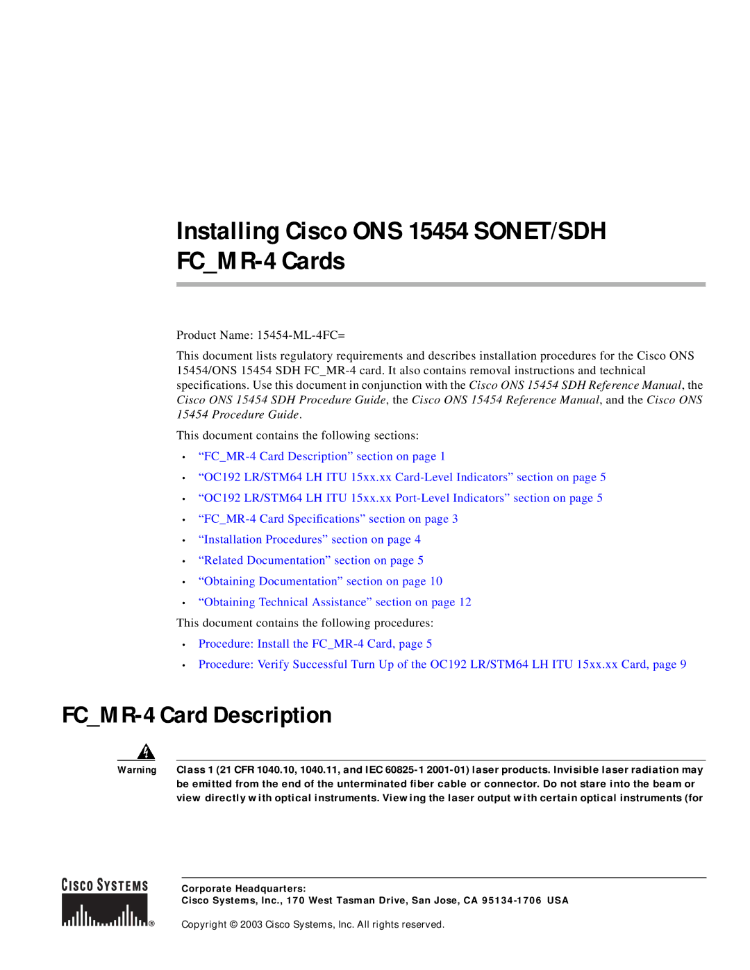 Cisco Systems 15454-ML-4FC= technical specifications Installing Cisco ONS 15454 SONET/SDH FCMR-4 Cards 