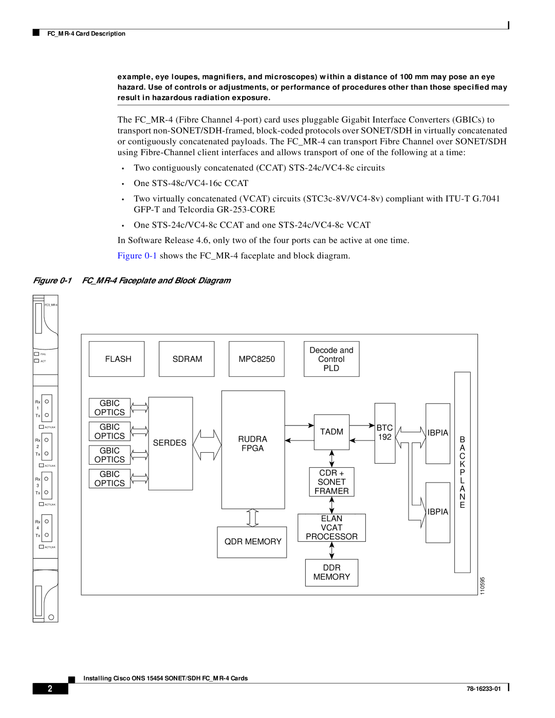 Cisco Systems 15454-ML-4FC= technical specifications 1shows the FCMR-4 faceplate and block diagram 