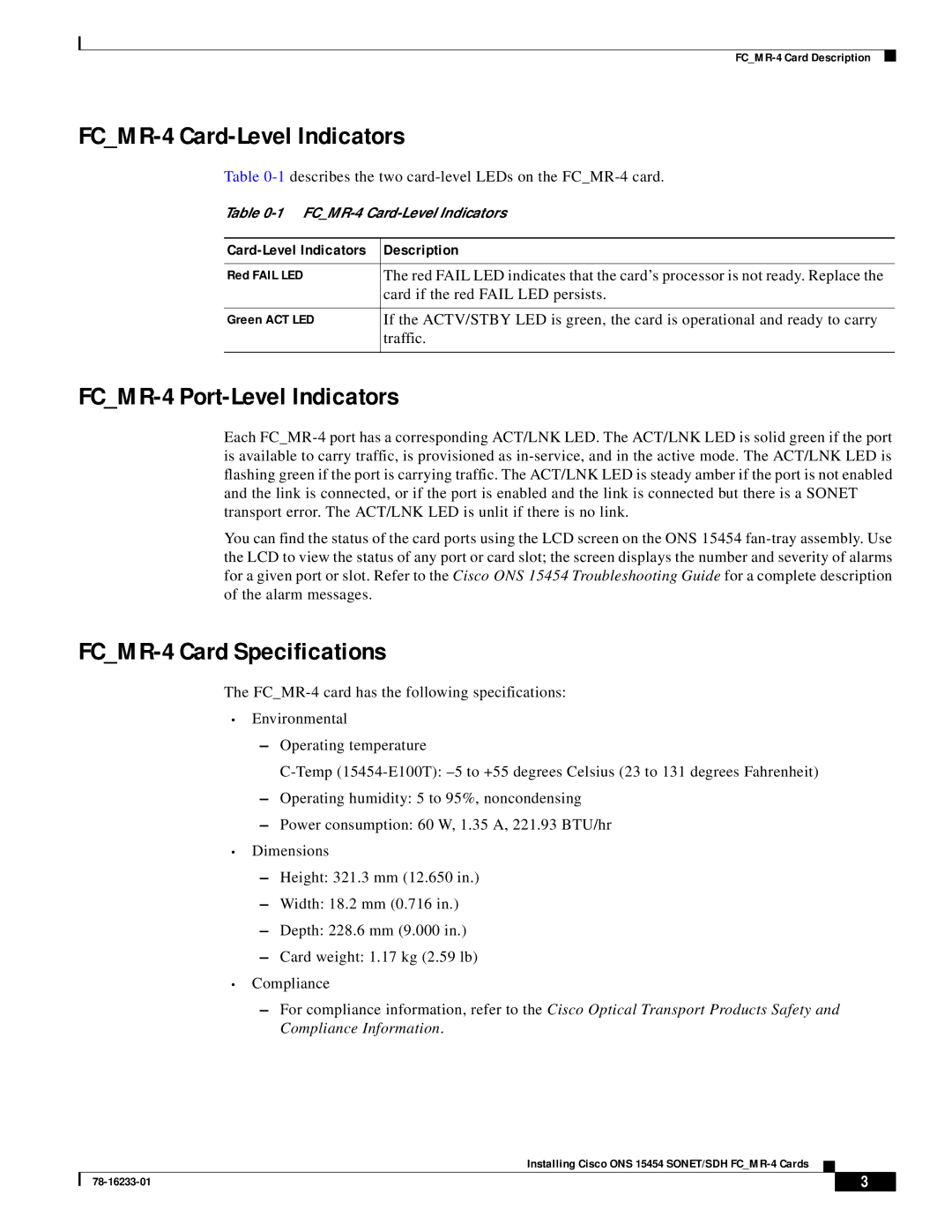 Cisco Systems 15454-ML-4FC= FCMR-4 Card-Level Indicators, FCMR-4 Port-Level Indicators, FCMR-4 Card Specifications 