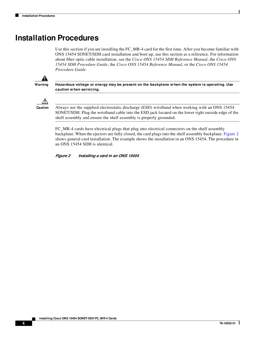 Cisco Systems 15454-ML-4FC= technical specifications Installation Procedures, Installing a card in an ONS 