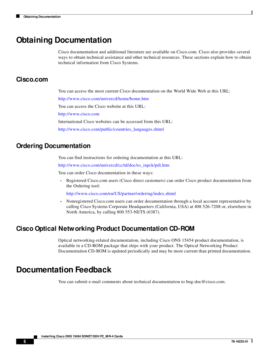 Cisco Systems 15454-ML-4FC= Obtaining Documentation, Documentation Feedback, Cisco.com, Ordering Documentation 