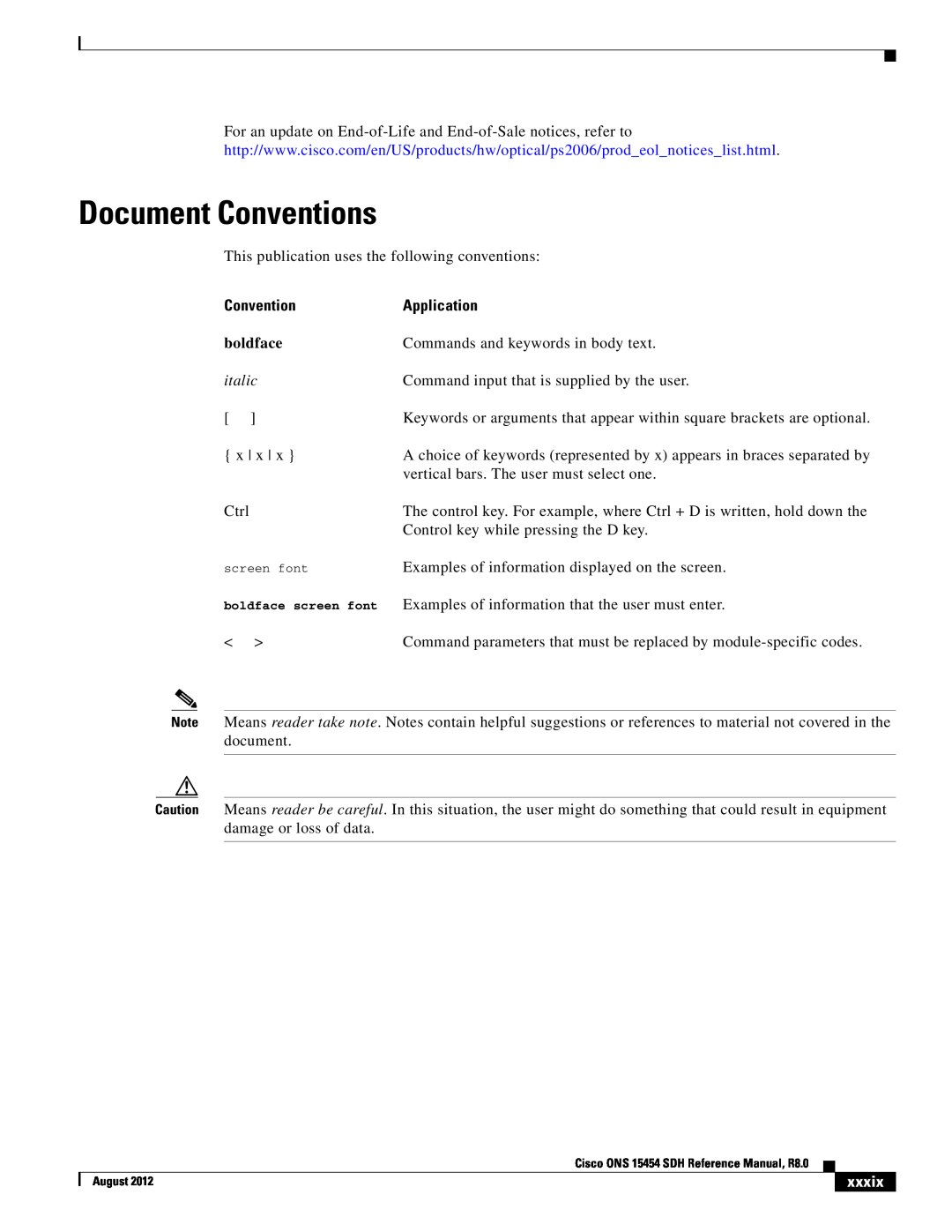 Cisco Systems 15454 specifications Document Conventions, italic, xxxix, Application, boldface 